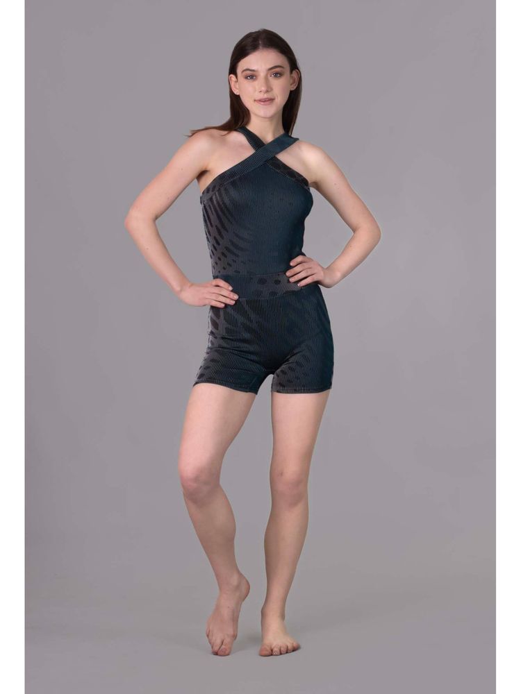 Keepfit Front Crossover Printed Ribbed Padded Charcoal Grey Legsuit for Women-image-15