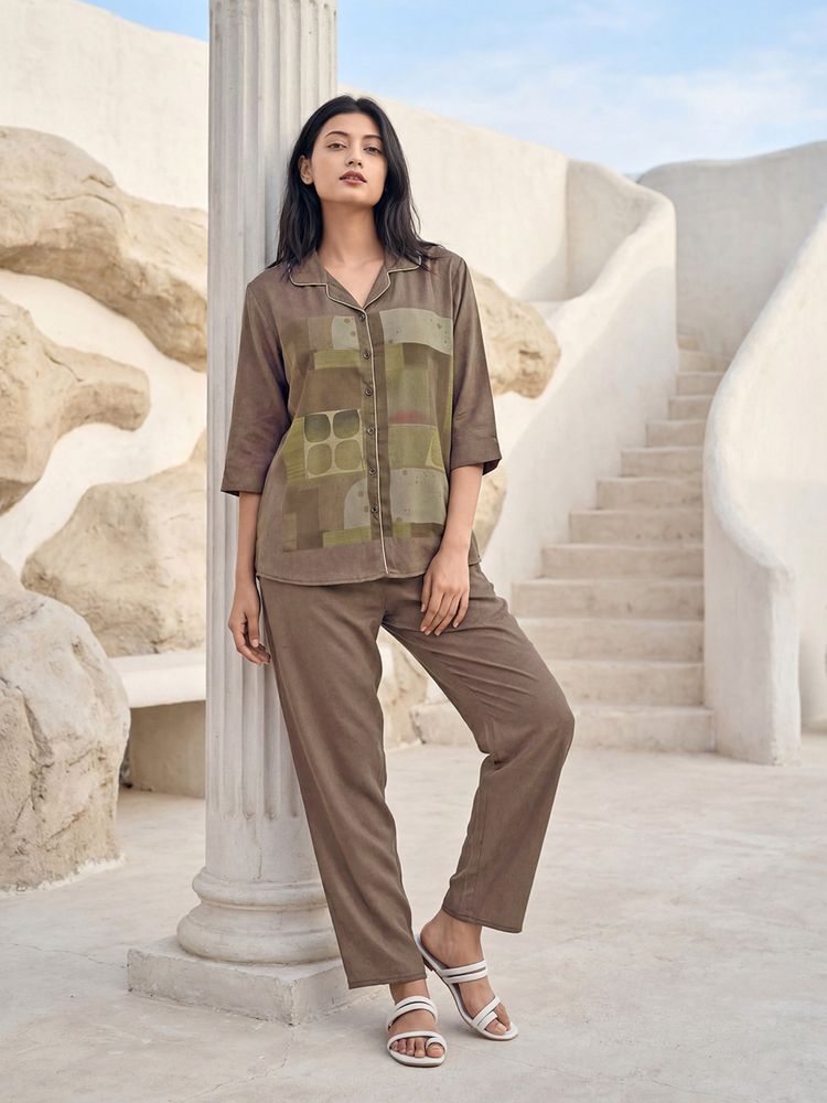JULIANA DREAM Women Satin Printed Shirt And Pyjama Brown-picture-13