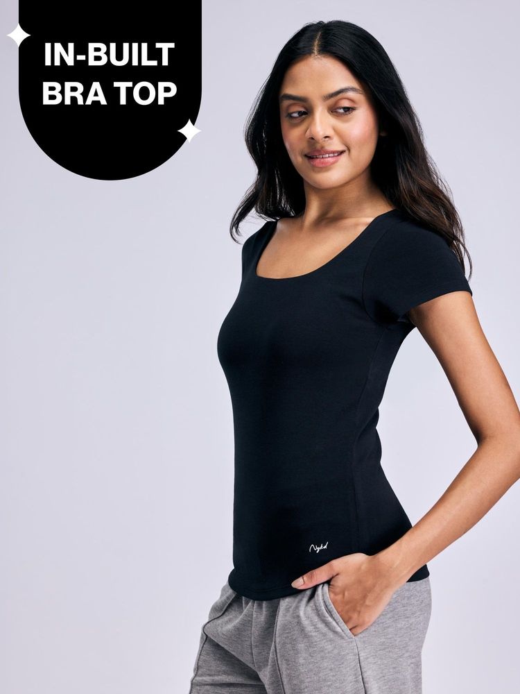 Nykd By Nykaa Inbuilt Bra Top in Cotton Stretch Rib NYAT507 Black-picture-22