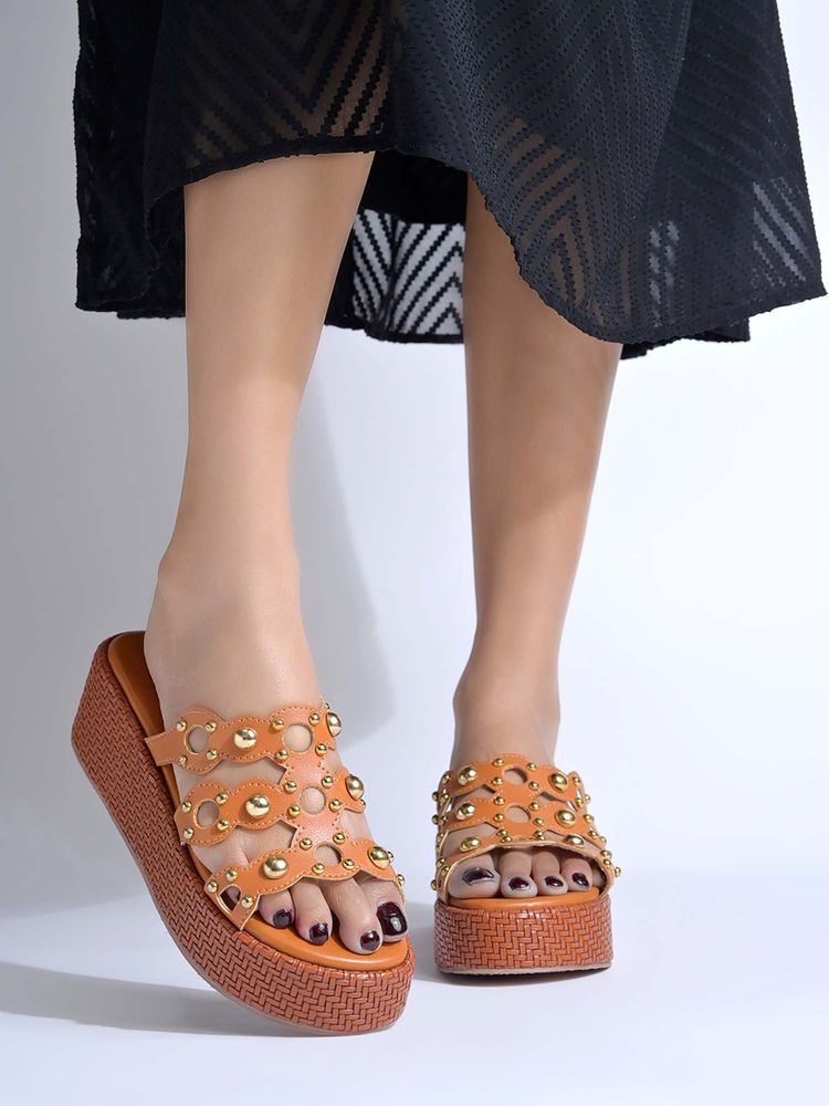 HVNLY by Shoetopia Women Brown Studded Cutwork Platform Sandals-picture-32