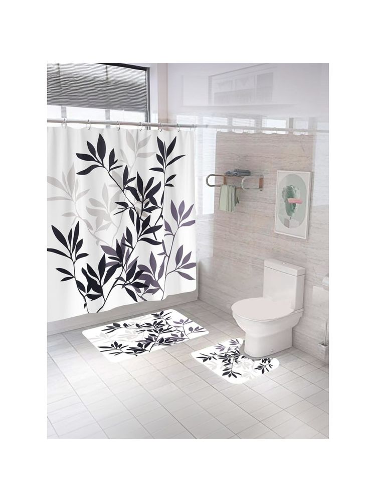 Encasa Homes Shower White Curtain & Bathmat (Set of 3)-image-11