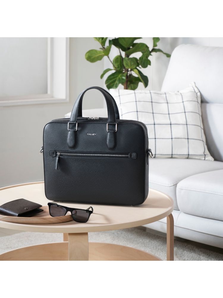 HALDEN Belford Black Vegan Saffiano Leather Laptop Bag-image-37