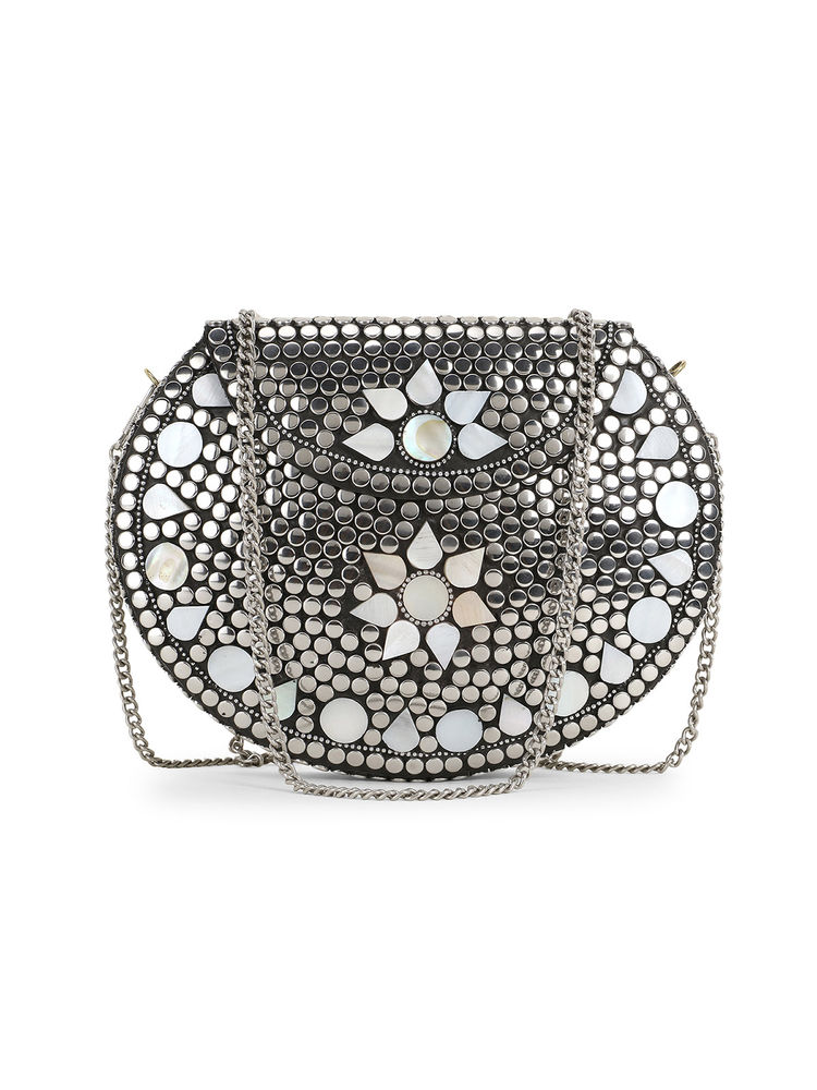 Anekaant Mosaic Silver and White Metal Floral Mosaic Clutch-image-7