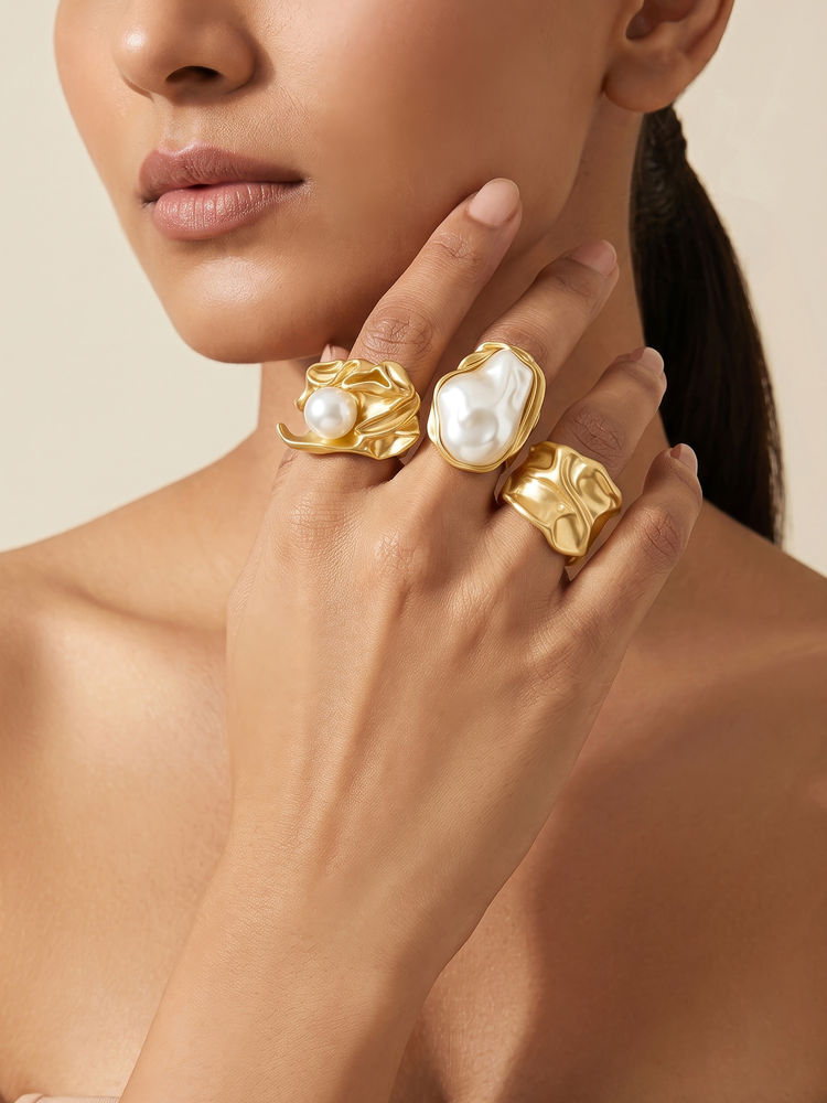 Joker & Witch Nameru Molten Pearl Gold Adjustable Rings (Pack Of 3)-image-37