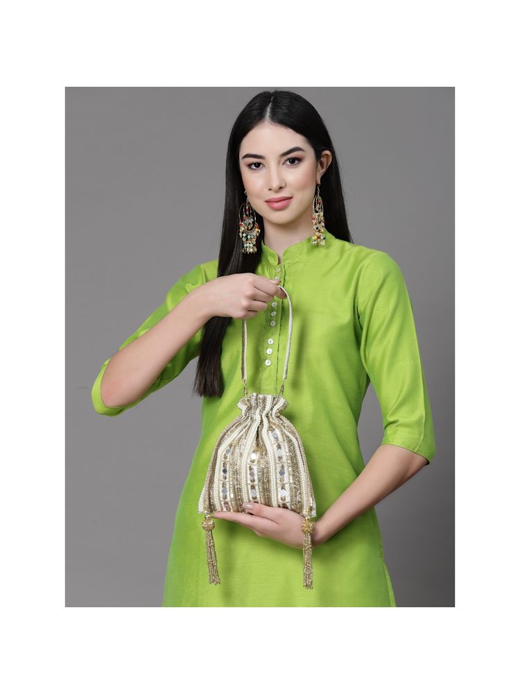 Anekaant Dangle Beige & Gold Striped Embellished Faux Silk Potli