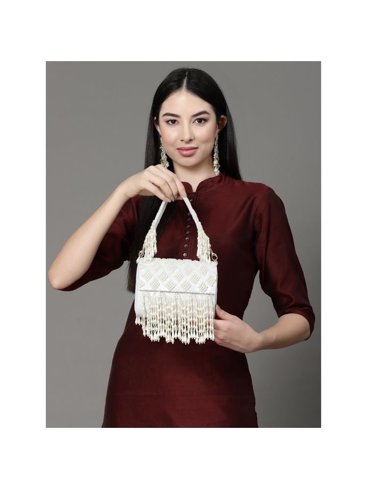 Anekaant Coffer White & Off White Harlequin Embellished Velvet Clutch-image-0
