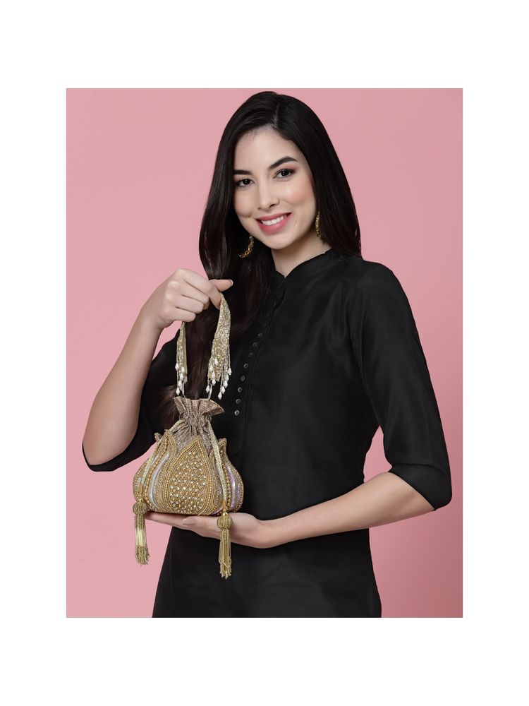 Anekaant Lotus Gold Stone Work Embellished Faux Silk Potli