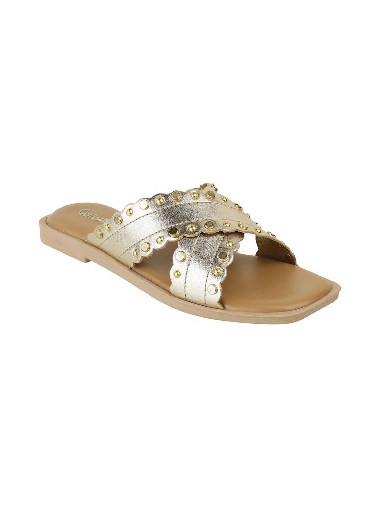 Catwalk Women CROSS-STRAP TRIMS and STUDS Flats - Gold-picture-21