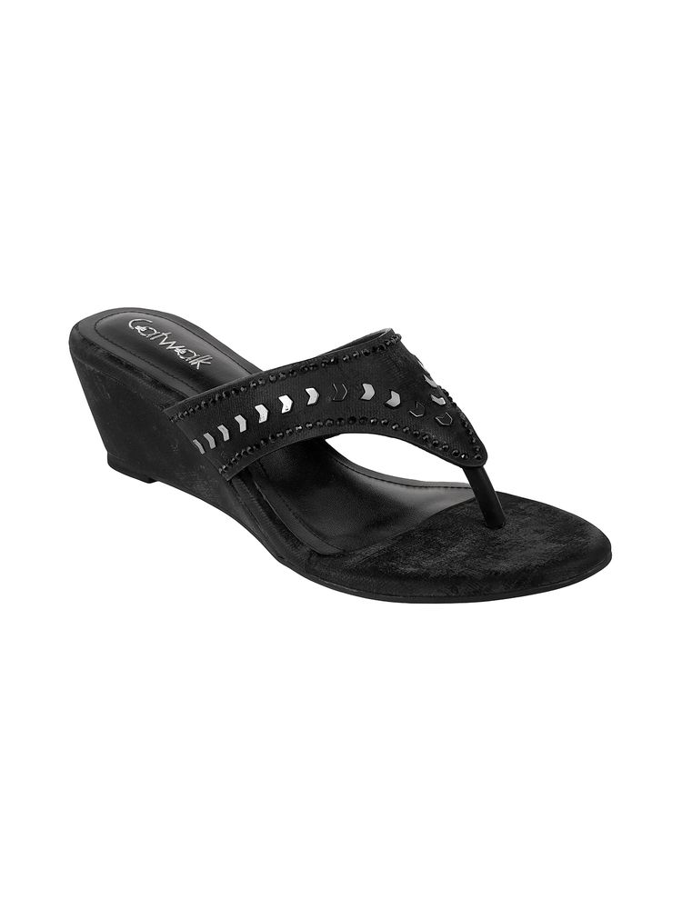 Catwalk Women V-STRAP Solids Wedges Heels - Black-picture-17