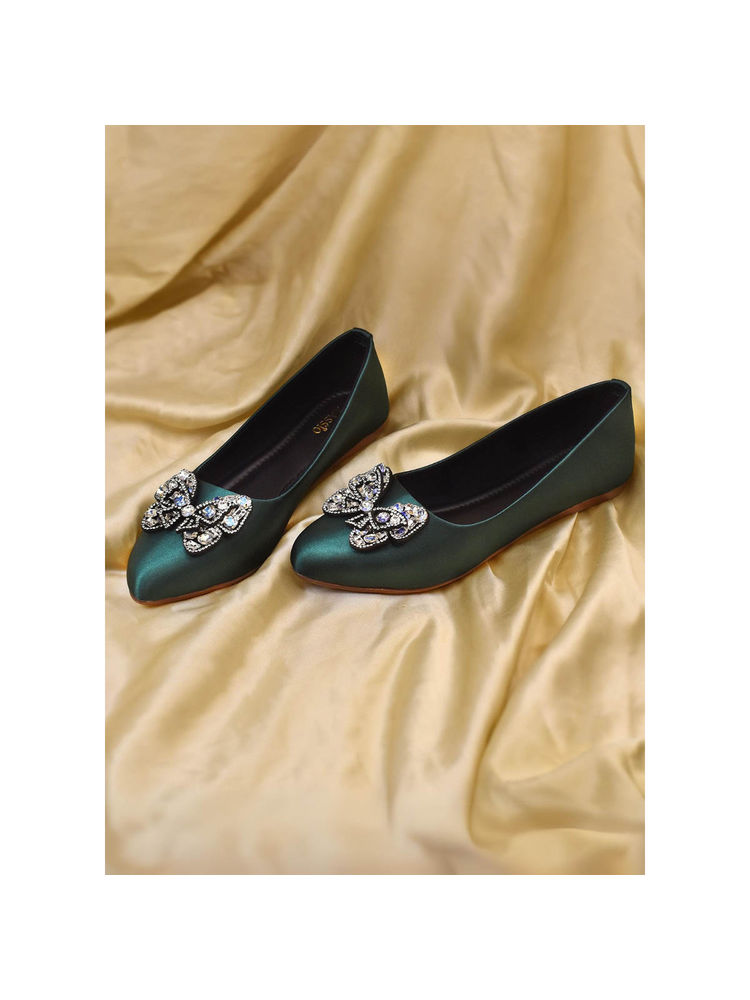 YASSIO Women Emerald Green Satin Butterfly Ballerinas-picture-17