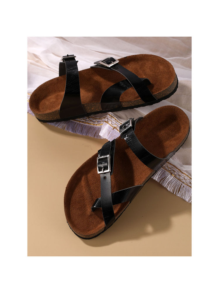 MOZAFIA Women Black Lizard Grain Adjustable Buckle Straps Cork Sandal-image-42