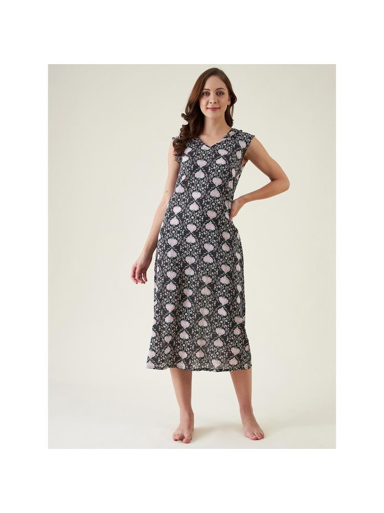 The Kaftan Company Black Floral Sleeveless Cotton Nightdress for Women-picture-27