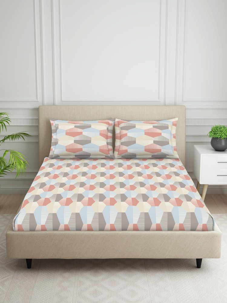 Welspun Percale Weave 120Tc Geometric Double Bedsheet with 2 Pillow Covers - Multi-Color-image-25