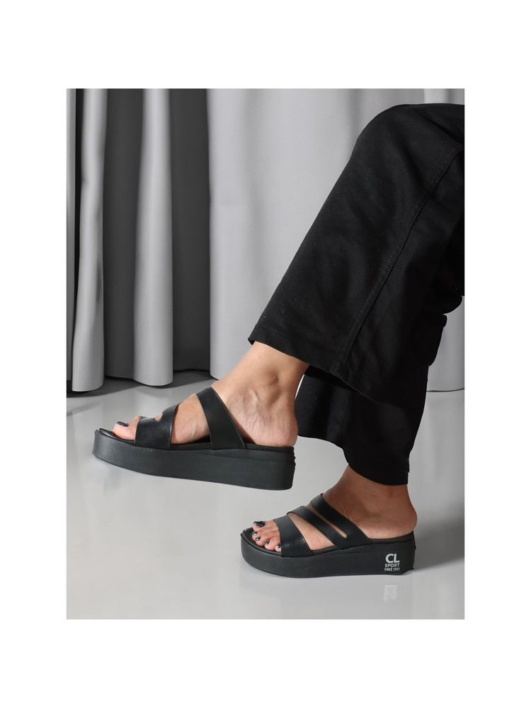 Carlton London Fashionable Black Color Flatform Heel Comfort Sandals