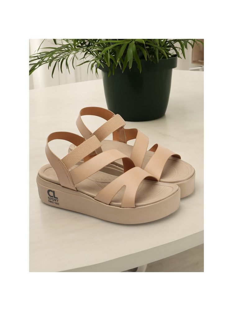 Carlton London Solid Fashionable Beige Color Flatform Heel Backstrap Comfort Sandals