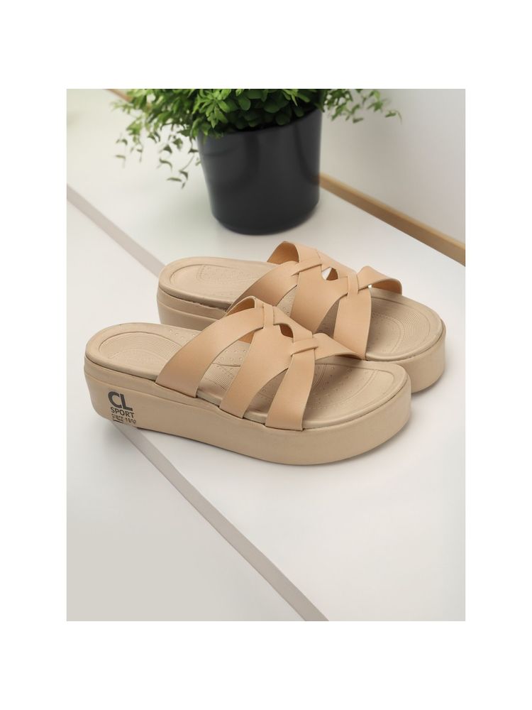 Carlton London Beige Color Flatform Heel Comfort Sandals
