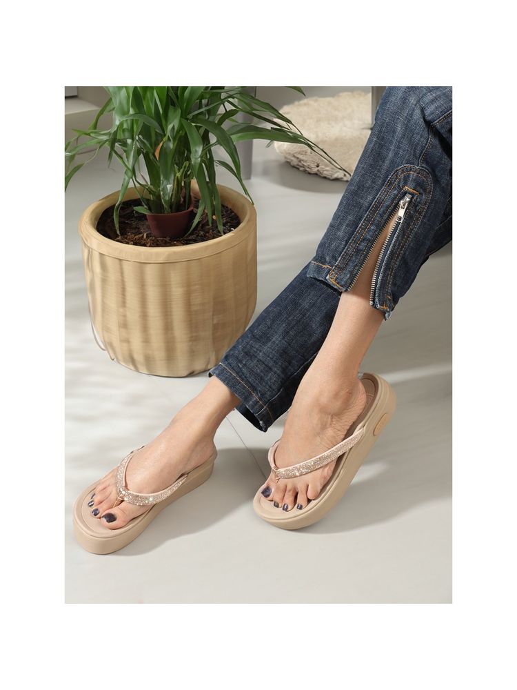 ELLE Fashionable Rose Gold Color Flatform Heel Comfort Embellished Sandals