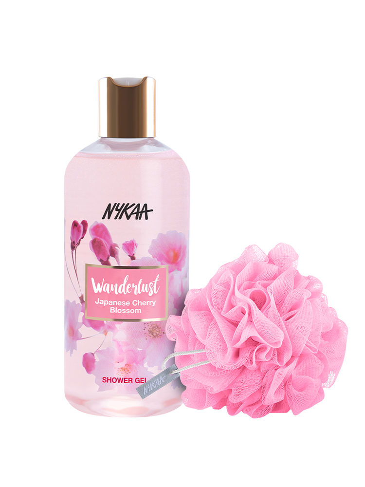 Wanderlust Cherry Blossom Shower Gel & Nykaa Bath Sponge - Pink Combo