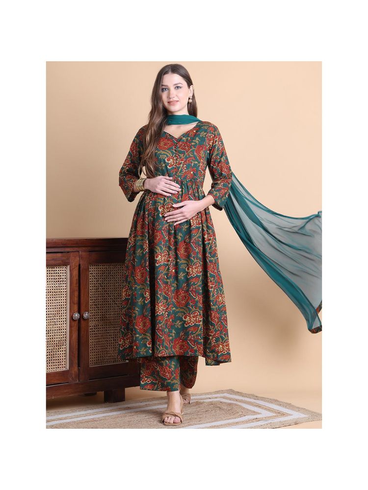 Secret Wish Green Floral Cotton Maternity Anarkali Pant with Dupatta (Set of 3)-picture-16