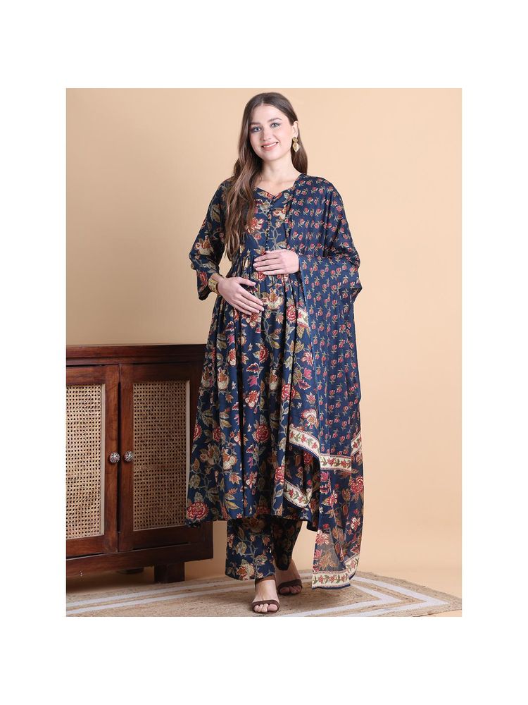 Secret Wish Navy Blue Floral Cotton Maternity Anarkali Pant with Dupatta (Set of 3)-picture-15