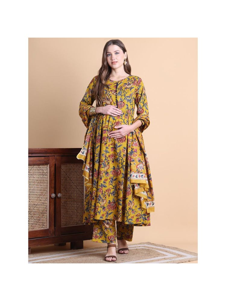 Secret Wish Mustard Yellow Floral Cotton Maternity Anarkali Pant with Dupatta (Set of 3)-picture-28