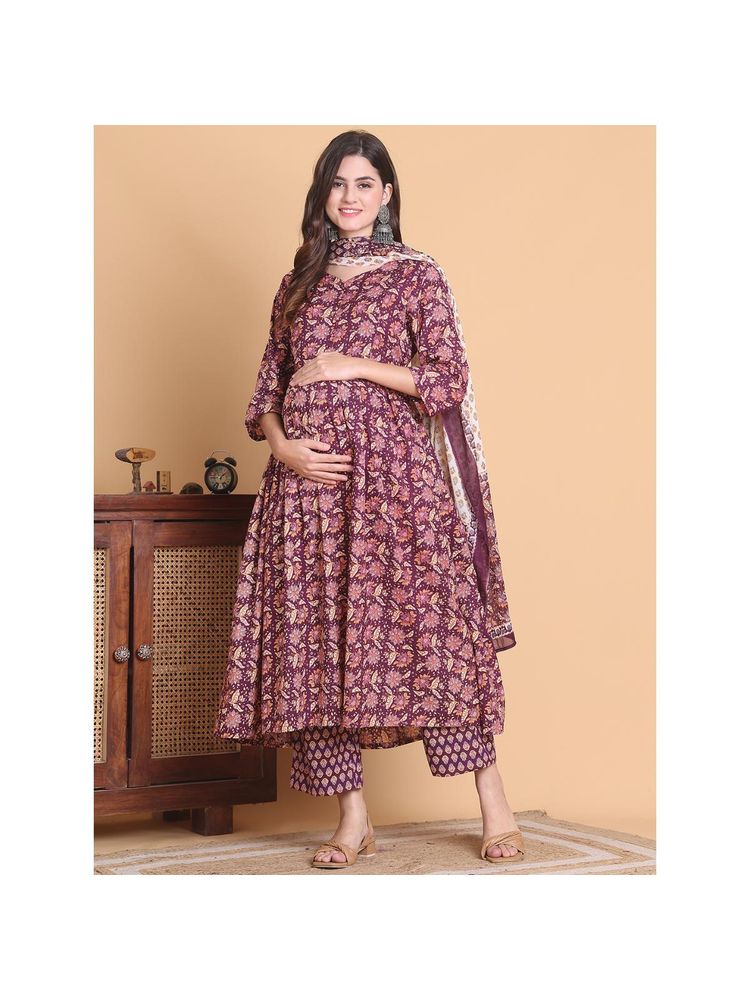 Secret Wish Purple Floral Cotton Calf Length Maternity Anarkali Pant with Dupatta (Set of 3)-picture-16