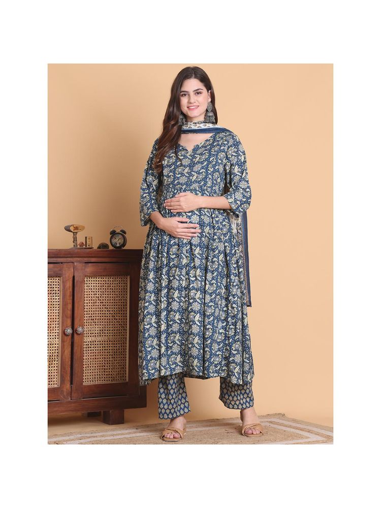 Secret Wish Blue Floral Cotton Calf Length Maternity Anarkali Pant with Dupatta (Set of 3)-image-38