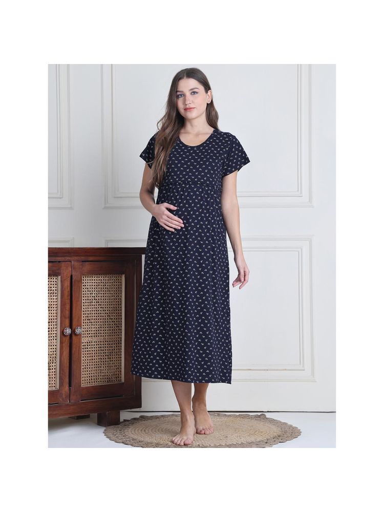 Secret Wish Navy Blue Printed Hosiery Maternity Nighty-image-45