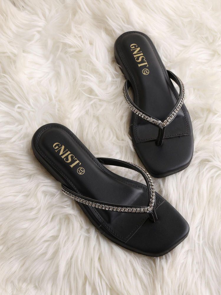 GNIST Women Embellished Thong Black Slip on Flats-picture-8