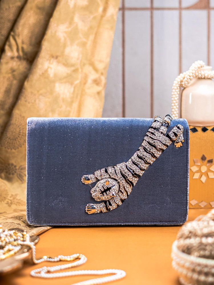 NR BY NIDHI RATHI Grey Velvet Clutch with Tiger Motif Ad Brooch-picture-15