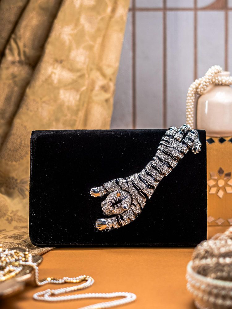 NR BY NIDHI RATHI Black Velvet Clutch with Tiger Motif Ad Brooch-picture-14