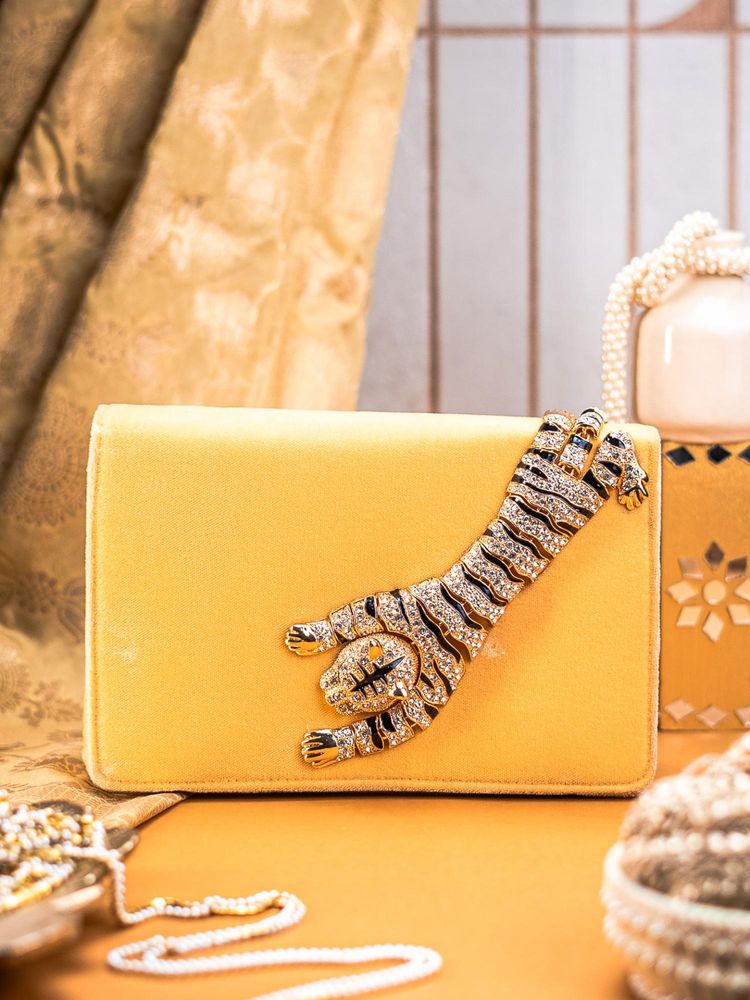NR BY NIDHI RATHI Golden Velvet Clutch with Tiger Motif Ad Brooch-picture-24