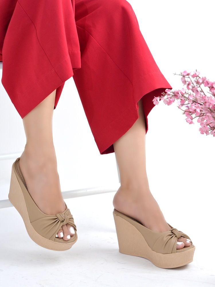 Shoetopia Stylish Beige Wedge Slip-On Heels for Women