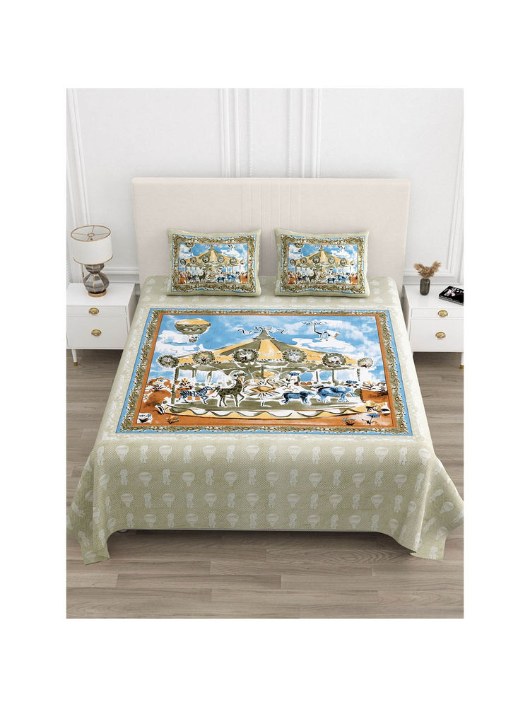 JAIPUR FABRIC 180 Tc Cotton King Size Circus Printed Flat Bed Sheet With 2 Pillow Covers Green-image-43