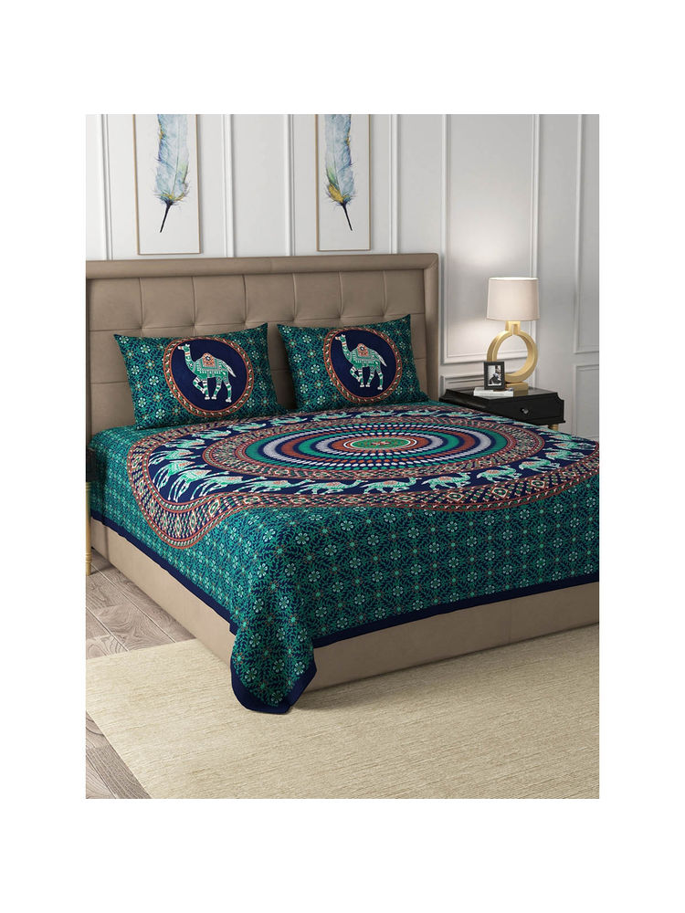 JAIPUR FABRIC 180 Tc Green 100% Cotton Jaipuri Print Double King Bedsheet With 2 Pillow Cover-image-45