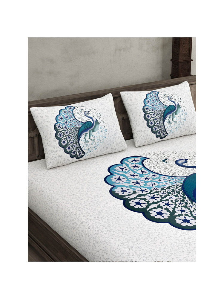 JAIPUR FABRIC 180 Tc Cotton Dancing Peacock Jaipuri Print King Bedsheet With 2 Pillow Covers Blue-image-10