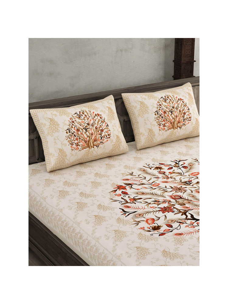 JAIPUR FABRIC 180 Tc Dancing Peacock Jaipuri Print Double King Bedsheet With 2 Pillow Covers Beige-image-12