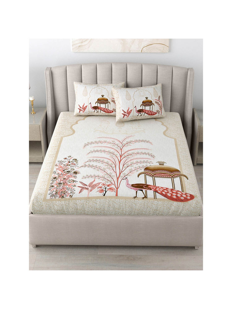 JAIPUR FABRIC 180 Tc Cotton Printed King Bedsheet With Two Pillow Covers For Double Bed Off White-picture-23