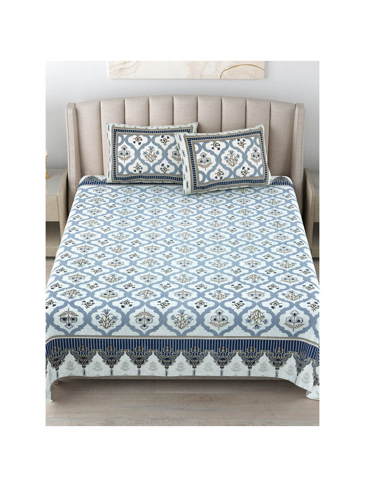 JAIPUR FABRIC 180 Tc Cotton Printed King Bedsheet With Two Pillow Covers For Double Bed Blue-picture-24