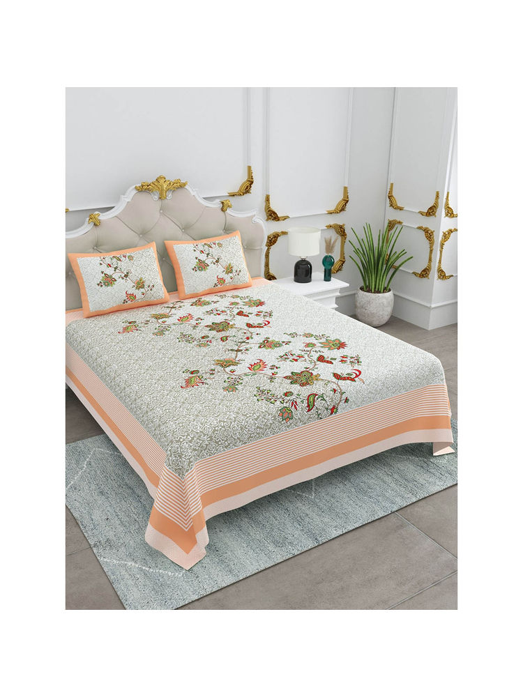JAIPUR FABRIC Cotton Floral Printed King Size Bed Sheet With 2 Pillow Cover For Bedroom Decor Peach-image-4