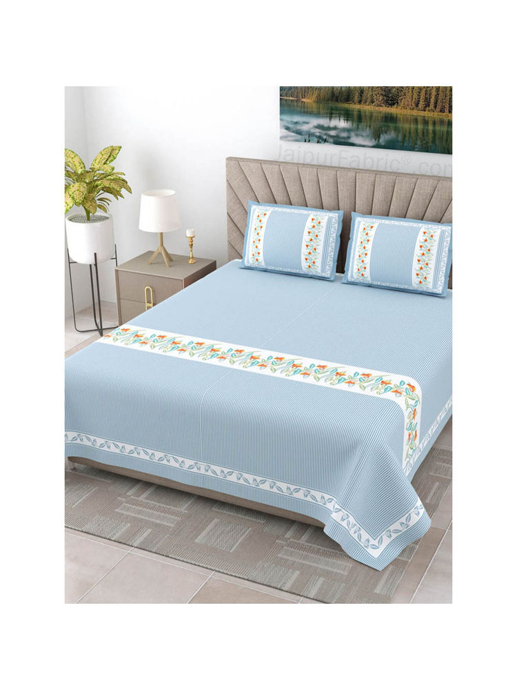 JAIPUR FABRIC Blue Eco Friendly Pure Cotton King Size Double Bed Sheet With 2 Pillow Cover