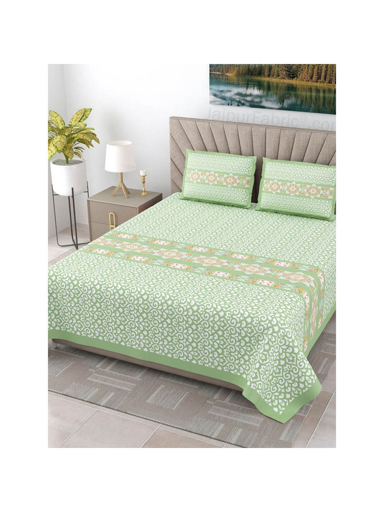 JAIPUR FABRIC Green Ethnic Pure Cotton King Size Double Bed Sheet With 2 Pillow Cover-image-4