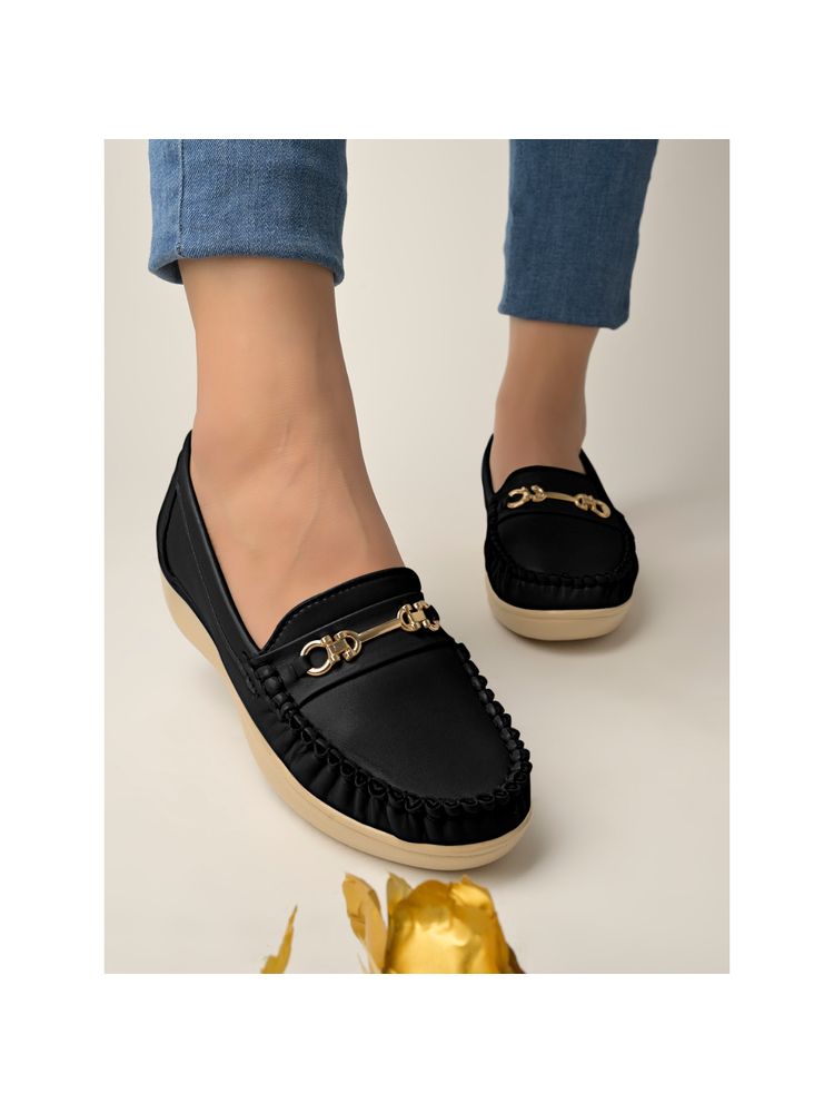 Shoetopia Upper Metallic Buckle Detailed Black Loafers for Women & Girls