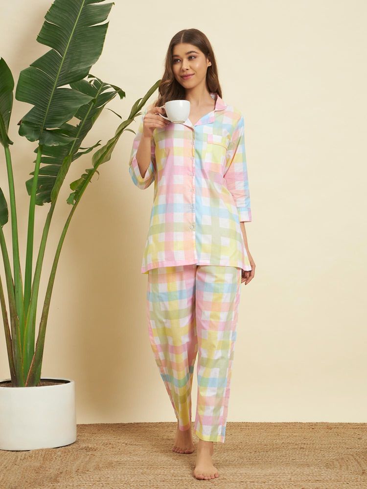 SEPHANI Multi-Color Cotton Abstract Shirt with Pyjama-image-24