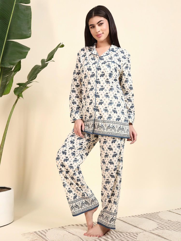 SEPHANI Blue Cotton Animal Print Shirt with Pyjama-picture-23