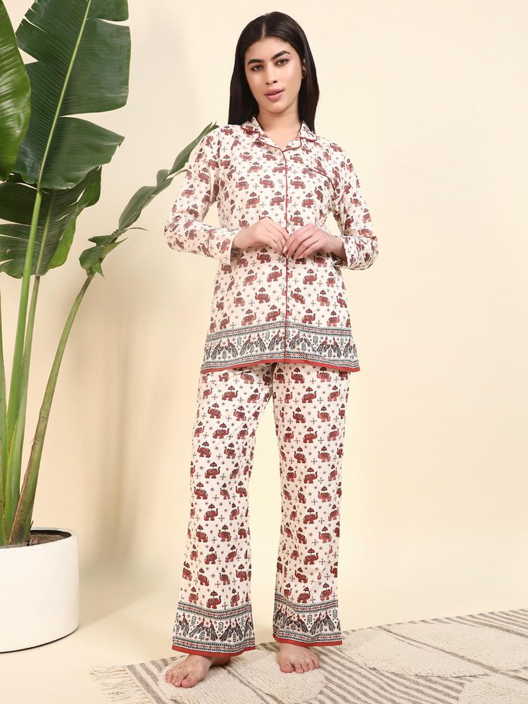 SEPHANI Orange Cotton Animal Print Shirt with Pyjama-picture-20