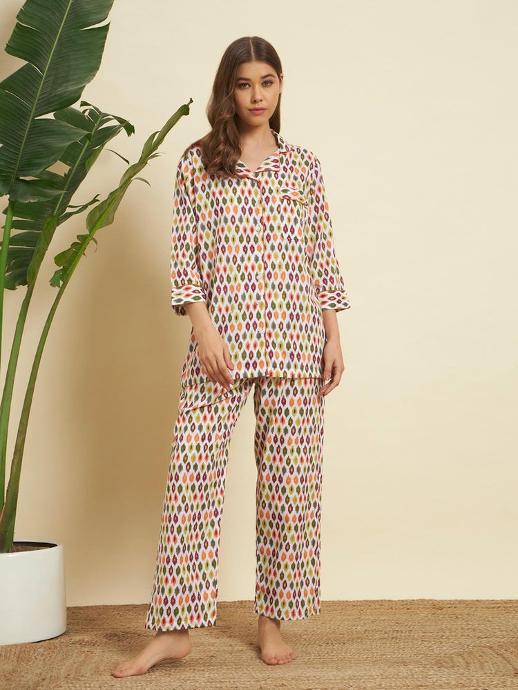 SEPHANI Orange Cotton Abstract Shirt with Pyjama-picture-12