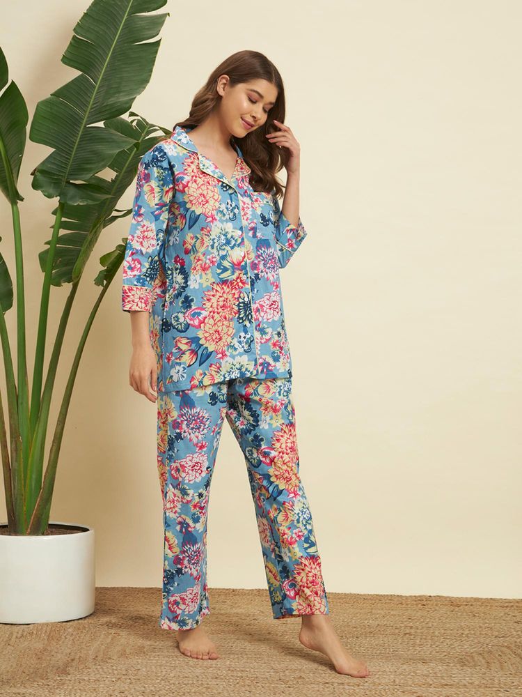 SEPHANI Blue Cotton Floral Shirt with Pyjama-picture-27