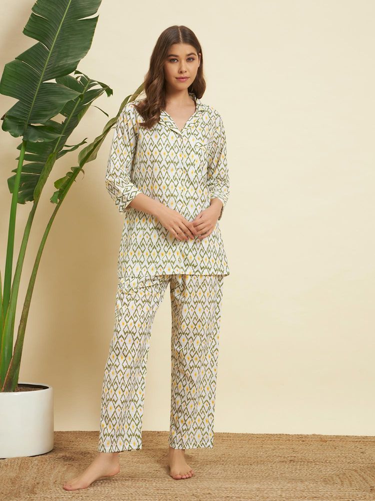 SEPHANI Green Cotton Abstract Shirt with Pyjama-picture-24