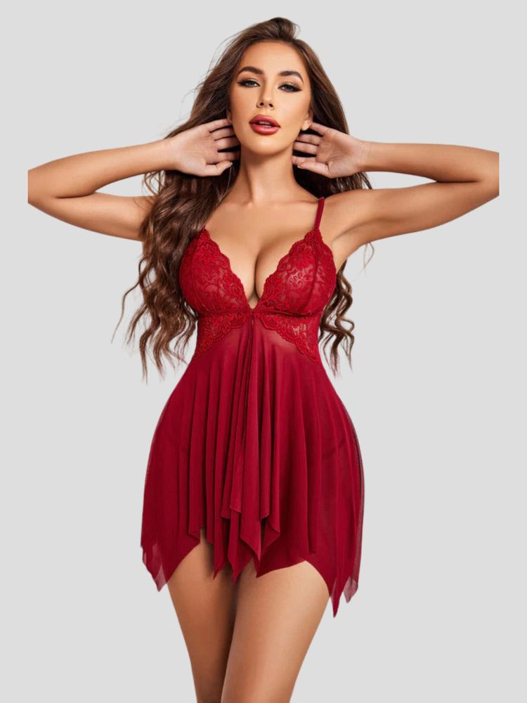Herryqeal Maroon Net Self Design Babydoll With Panty-image-49